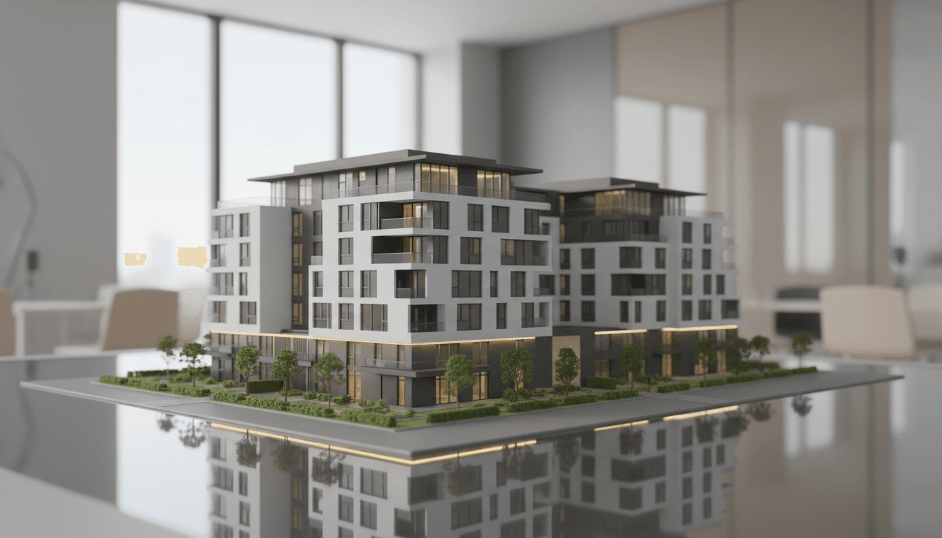 Architectural model of commercial real estate property with professional lighting