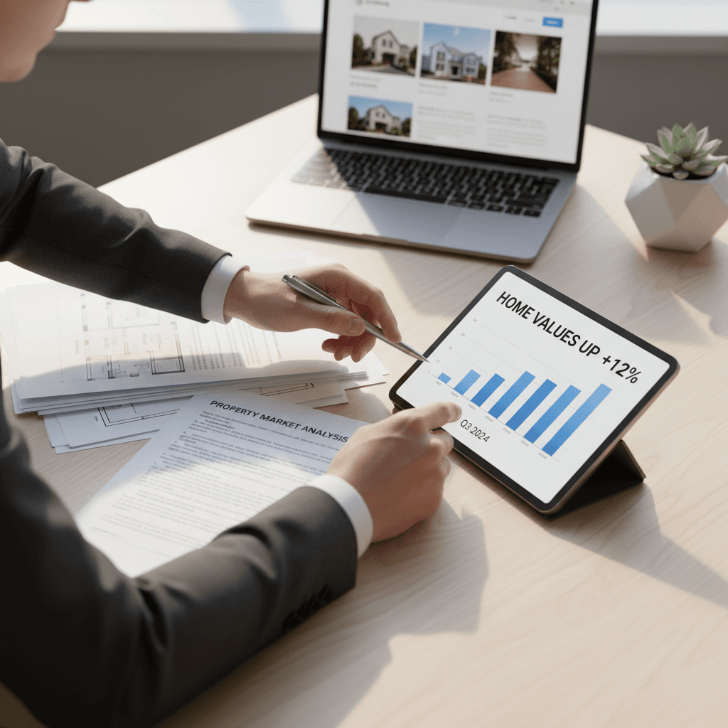 Real estate investor reviewing investment documents and market analysis at desk