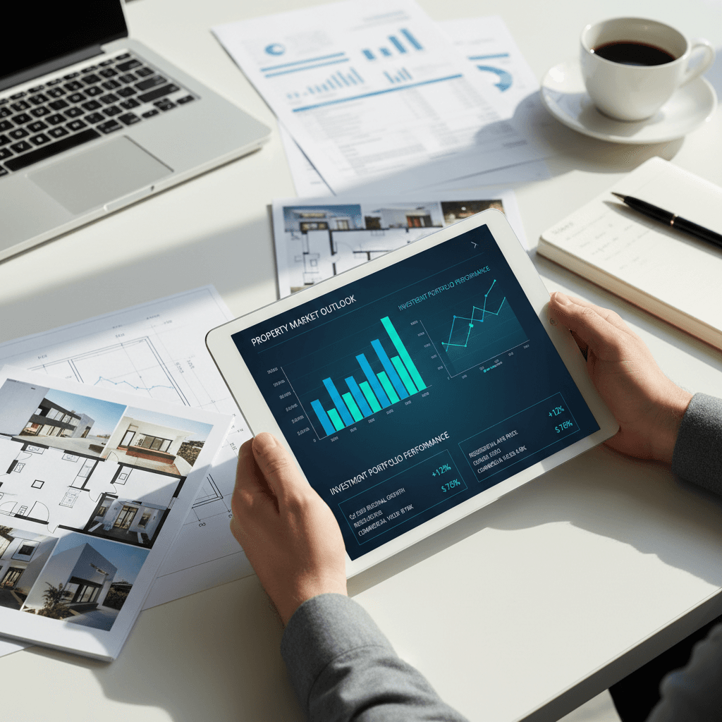 Real estate investor reviewing property documents and market analysis