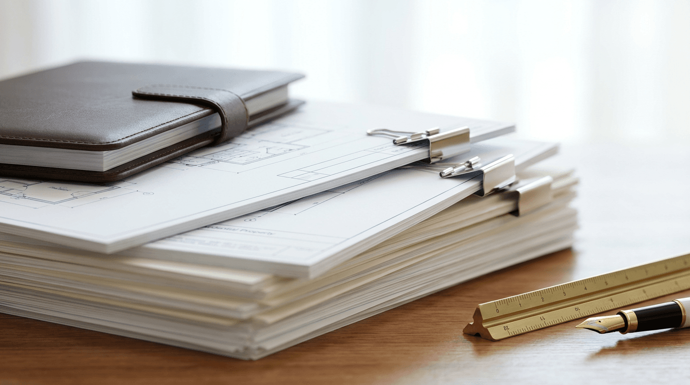 Investor's hands holding real estate investment documents and blueprints