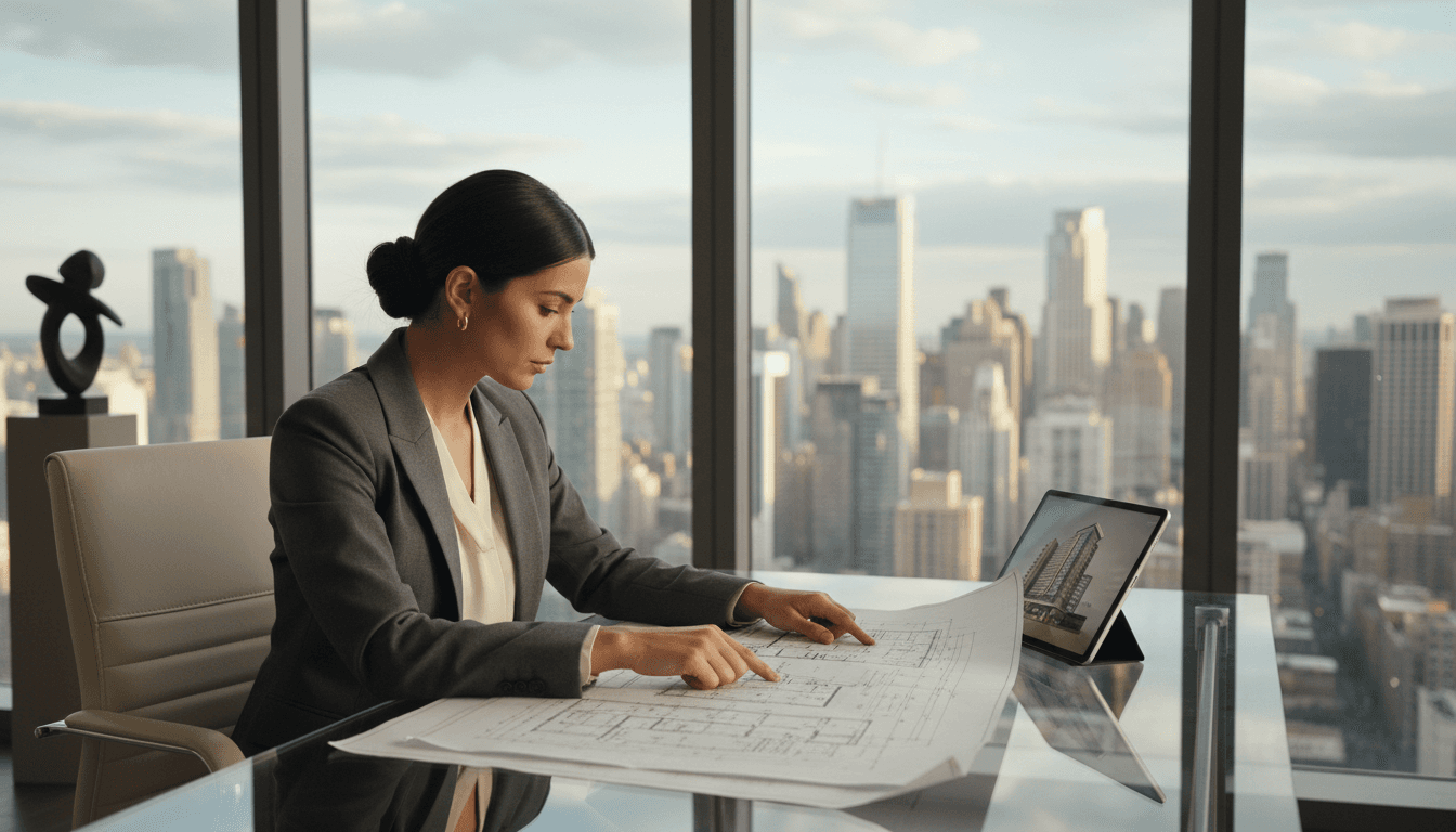 Real estate investment professional reviewing property analysis and market data at a modern desk